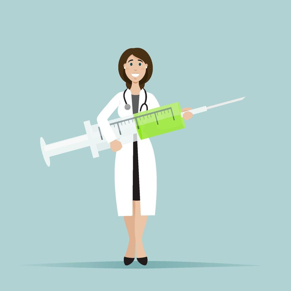 The female doctor smiles and hold a large syringe. A syringe with a vaccine. vector