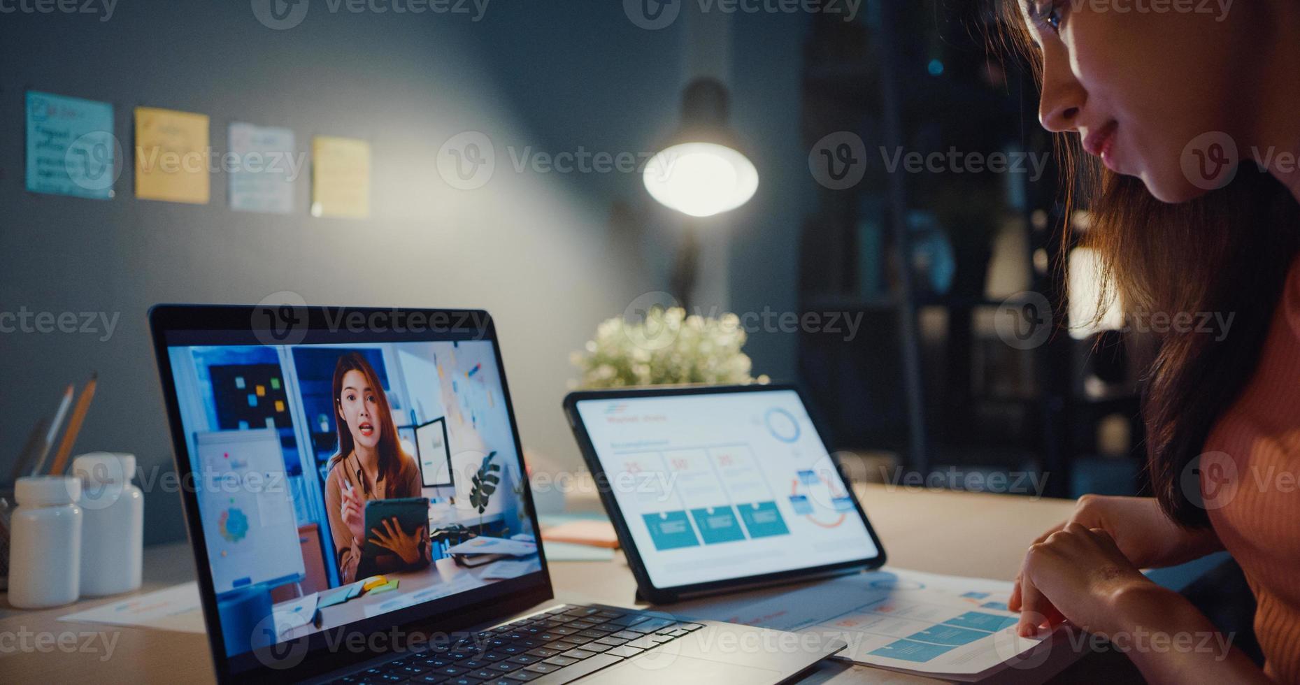 Asia woman using laptop talk to colleagues about work in video call while working from home at living room at night. Self-isolation, social distancing, quarantine for coronavirus prevention. photo