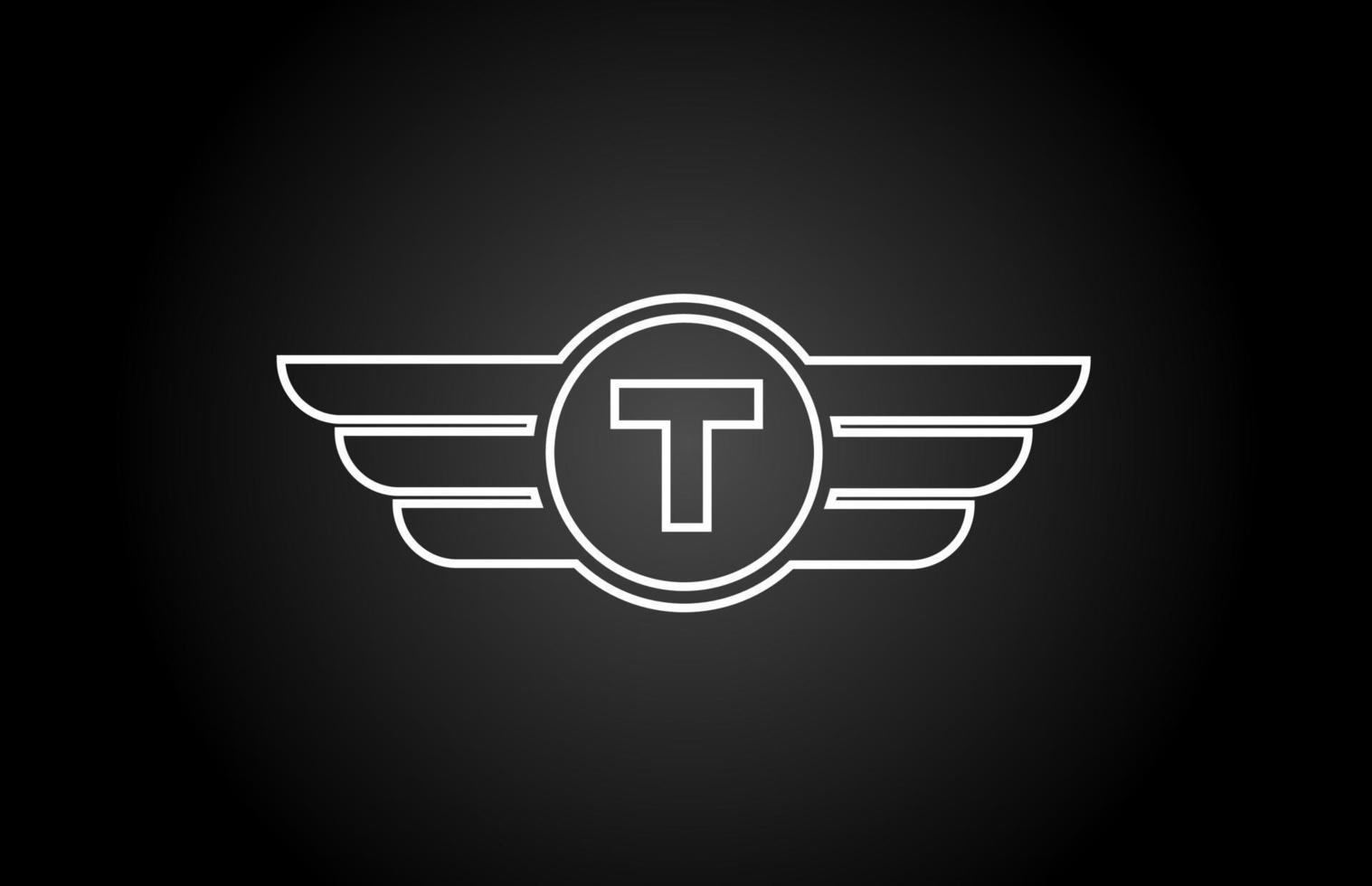 T alphabet letter logo icon for business and company with black and white line wing design vector