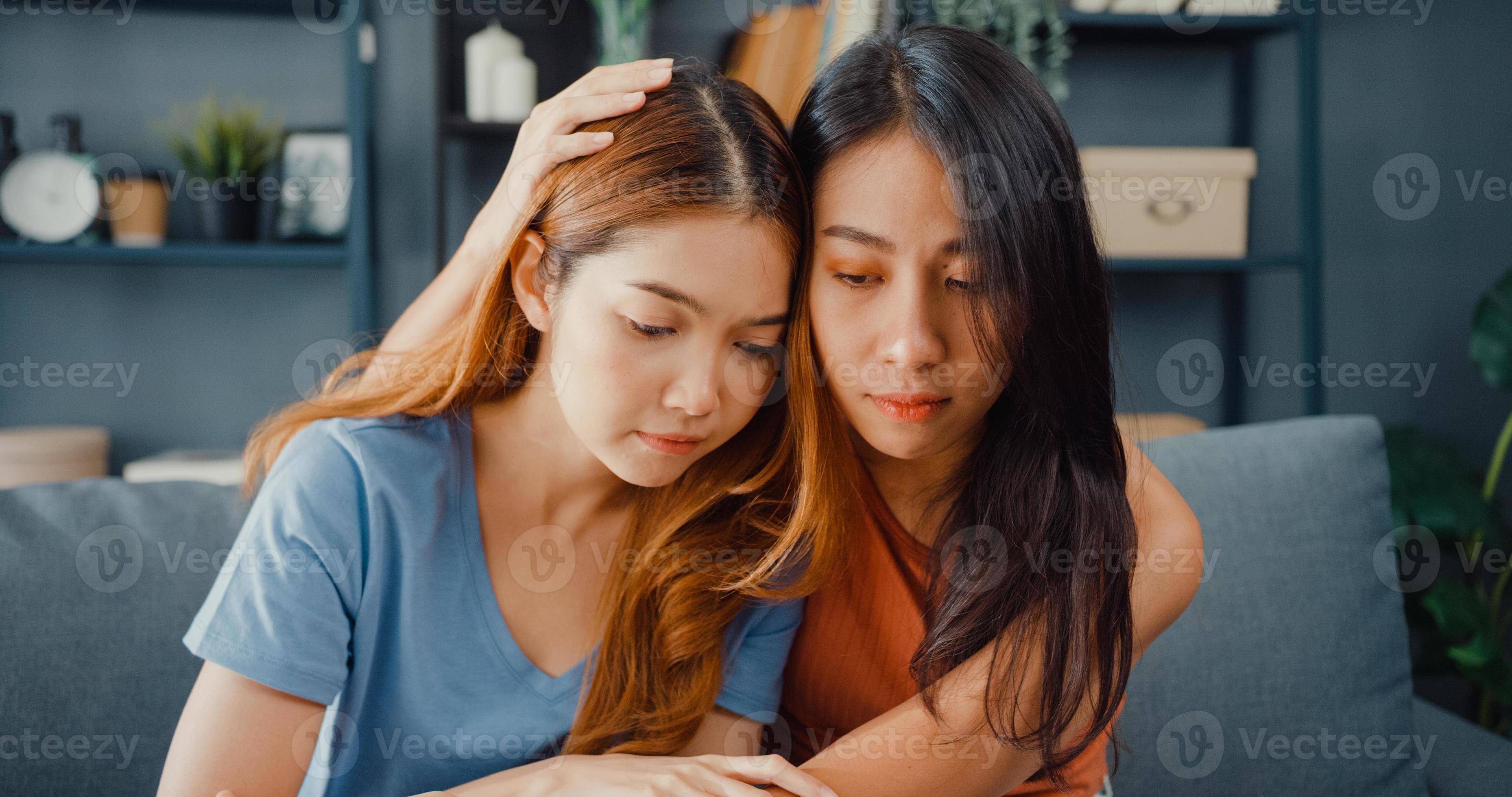 Asian women teenager embracing to calm