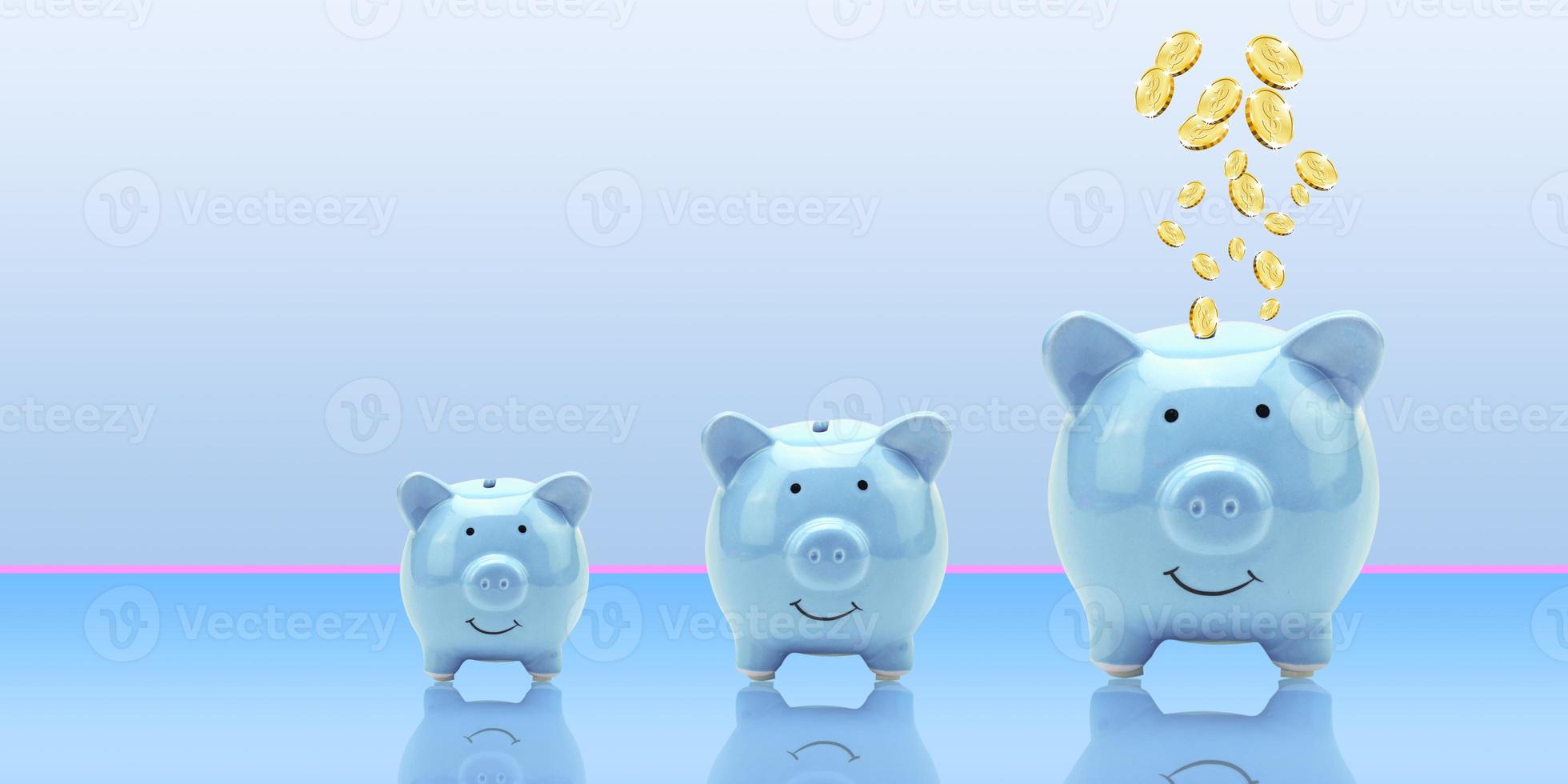 3d rendering Coins flying and floating to piggy bank for creative financial saving a deposit concept with copy space, Business or finance saving money, Finance and banking advertising coins photo