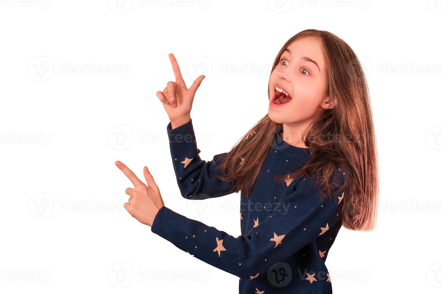 Little girl with positive emotion isolated on white background. discount concept and black friday. photo