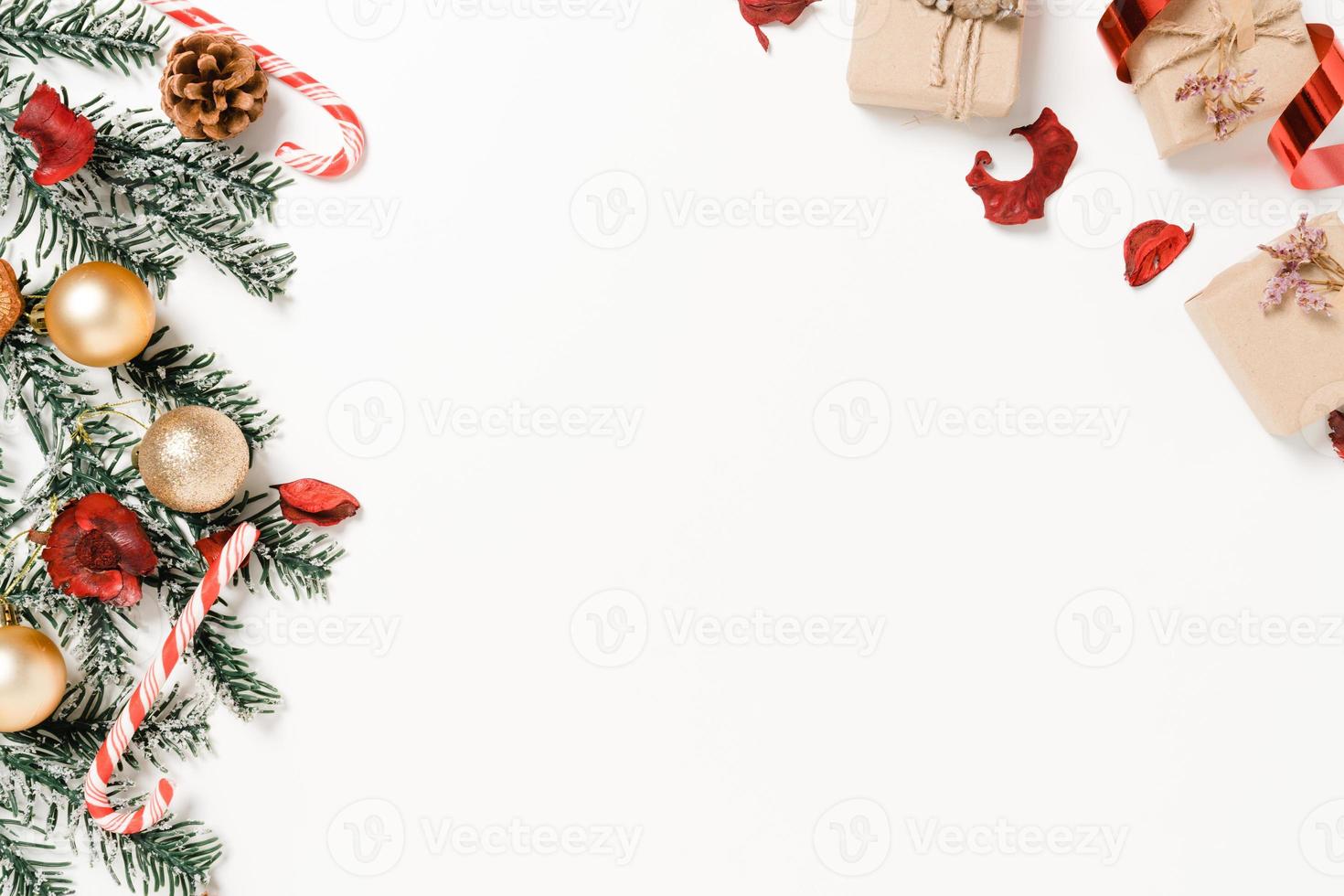 Minimal creative flat lay of christmas traditional composition and new year holiday season. Top view winter christmas decorations on white background with blank space for text. Copy space photography. photo