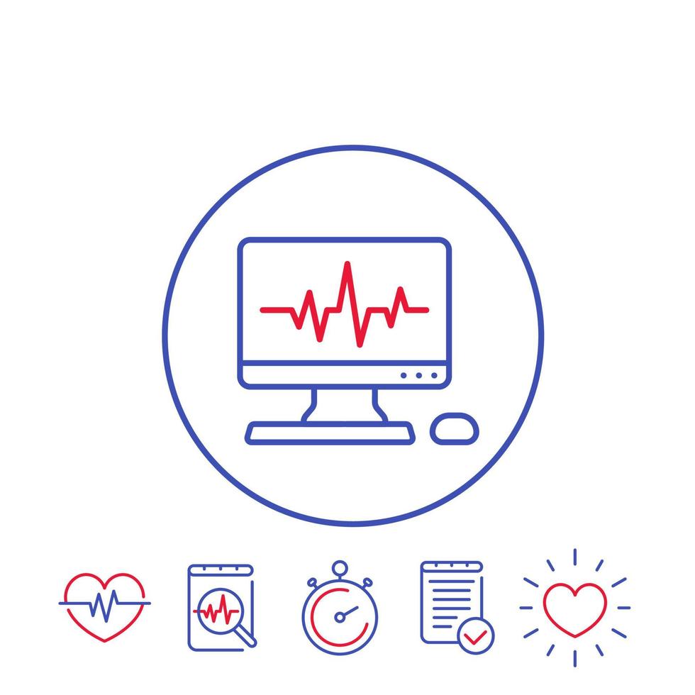 ecg procedure, cardiovascular disease, heart diagnostic, electrocardiography line icons vector