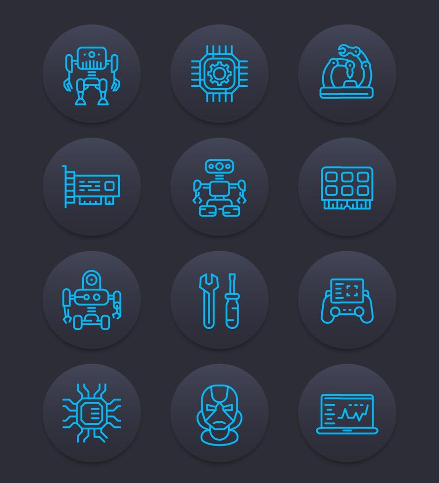 Robotics, mechanical engineering, robots icons, linear vector