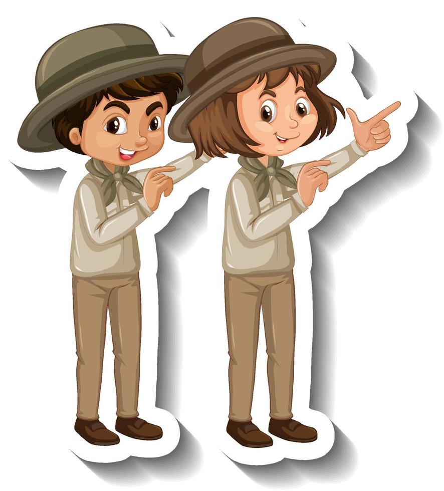 pareja de niños usan traje de safari pegatina de personaje de dibujos animados vector