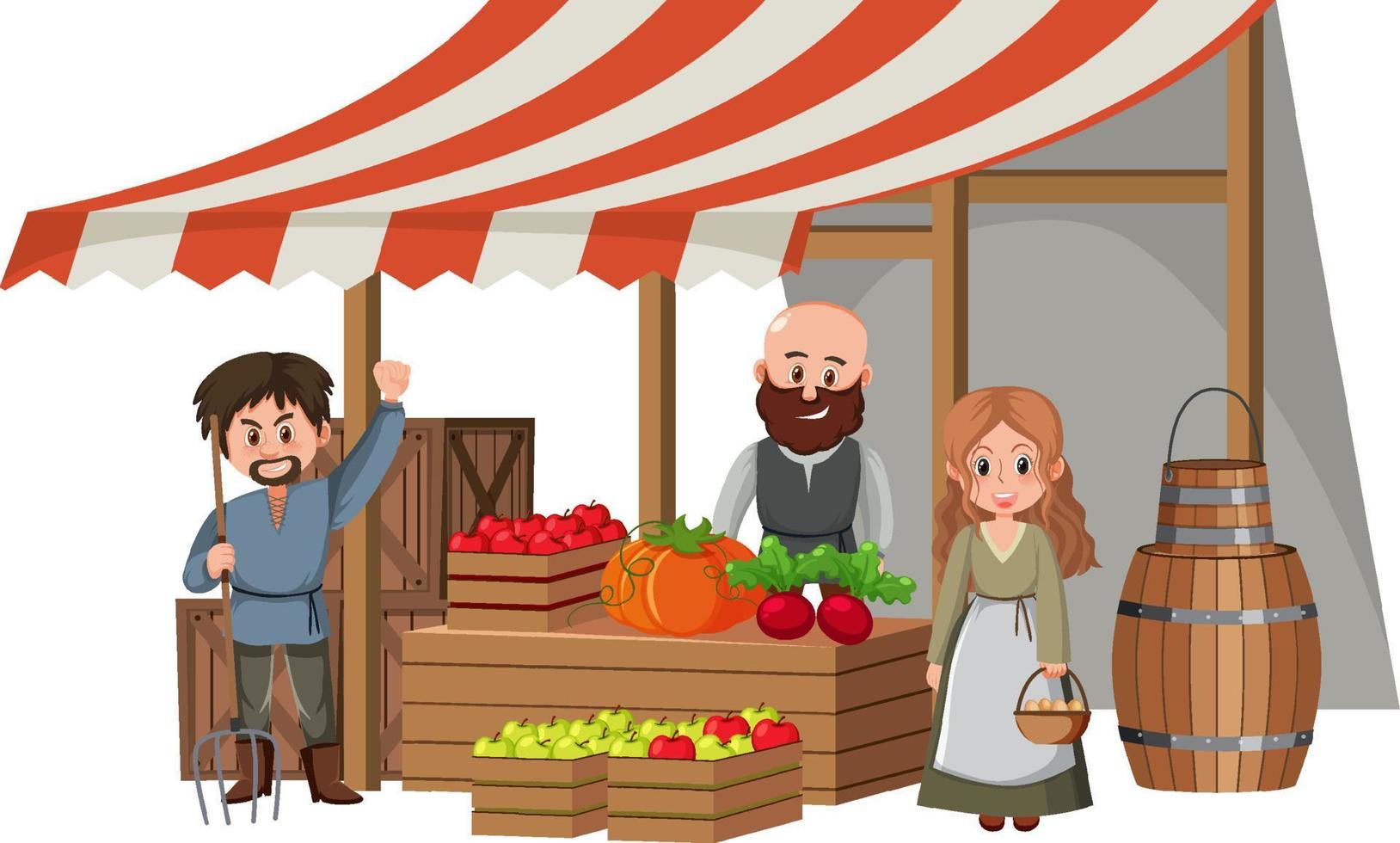 Medieval villagers at fruit store on white background vector