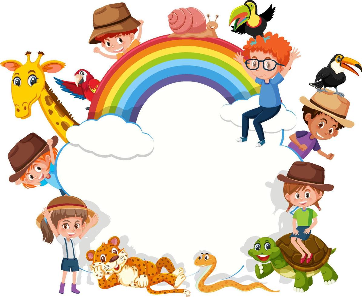 Banner de nube vacía con niños y animales del zoológico. vector