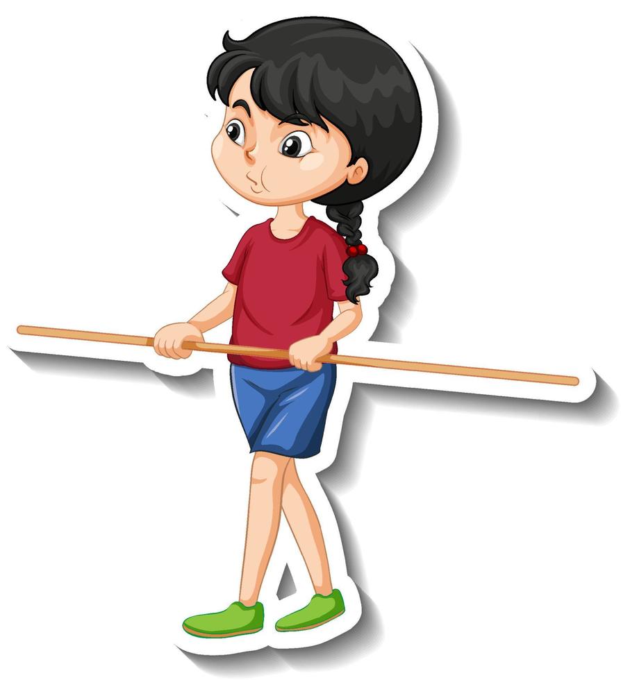 Cartoon character sticker with a girl holding wooden stick vector