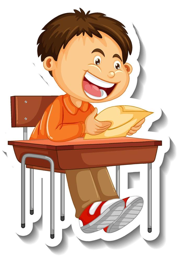 Sticker template with a student boy cartoon character isolated vector