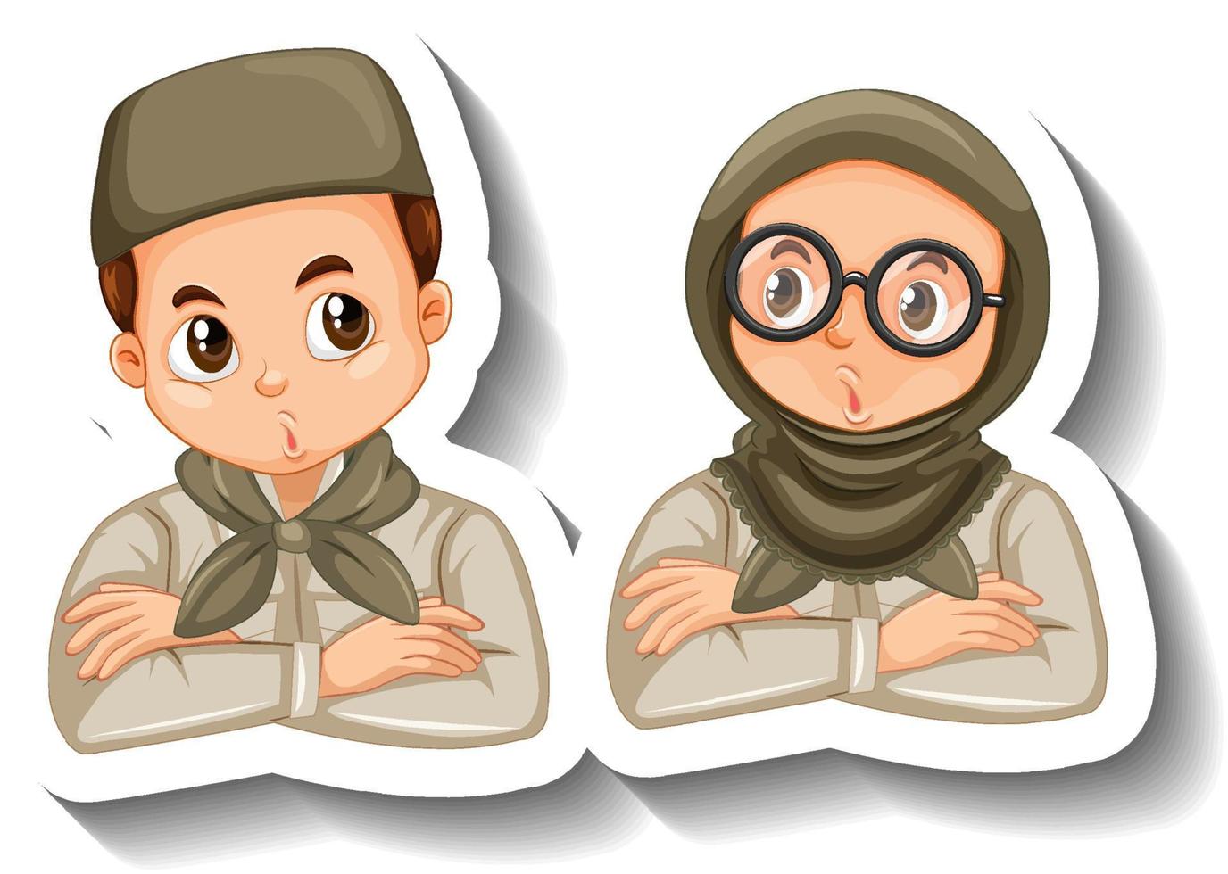 Couple muslim kids wear safari outfit cartoon character sticker vector