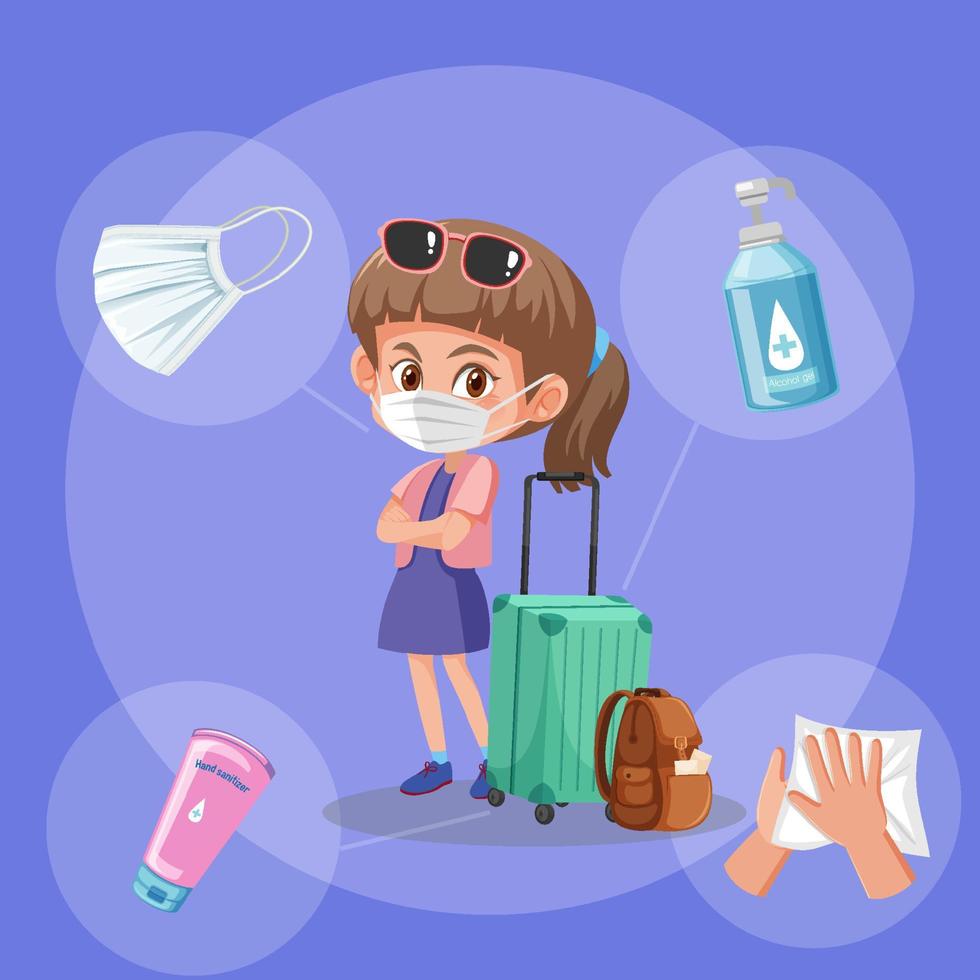A girl travelling cartoon character with covid-19 travel safety kits vector