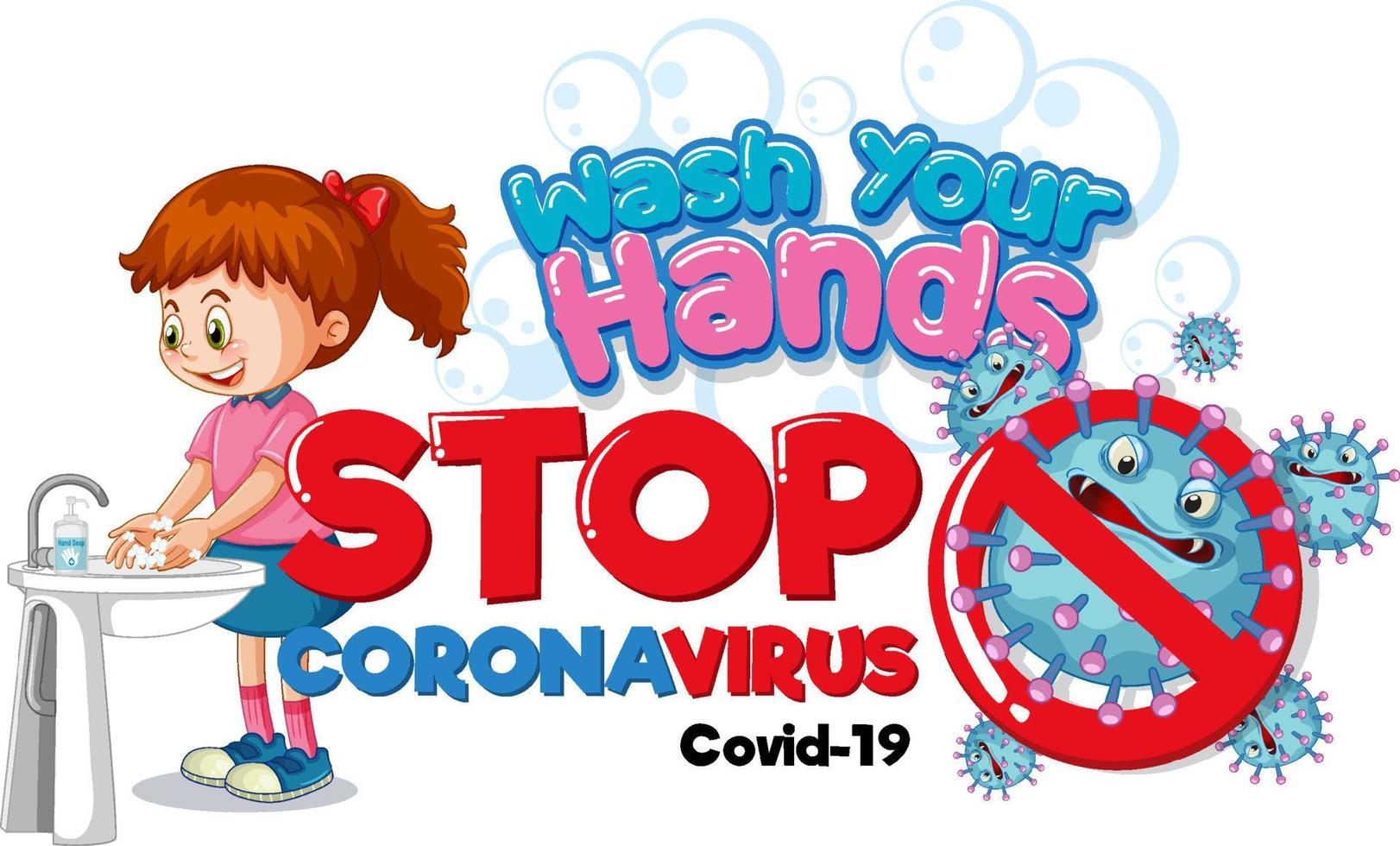 Wash Your Hands Stop Coronavirus banner with a girl washing hands on white background vector