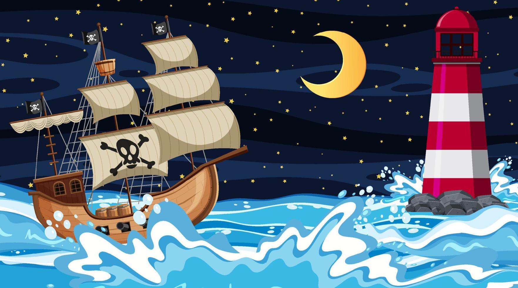 escena del océano en la noche con barco pirata en estilo de dibujos animados vector