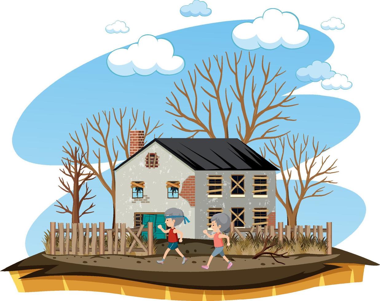 Elderly couple take a walk pass deserted house vector