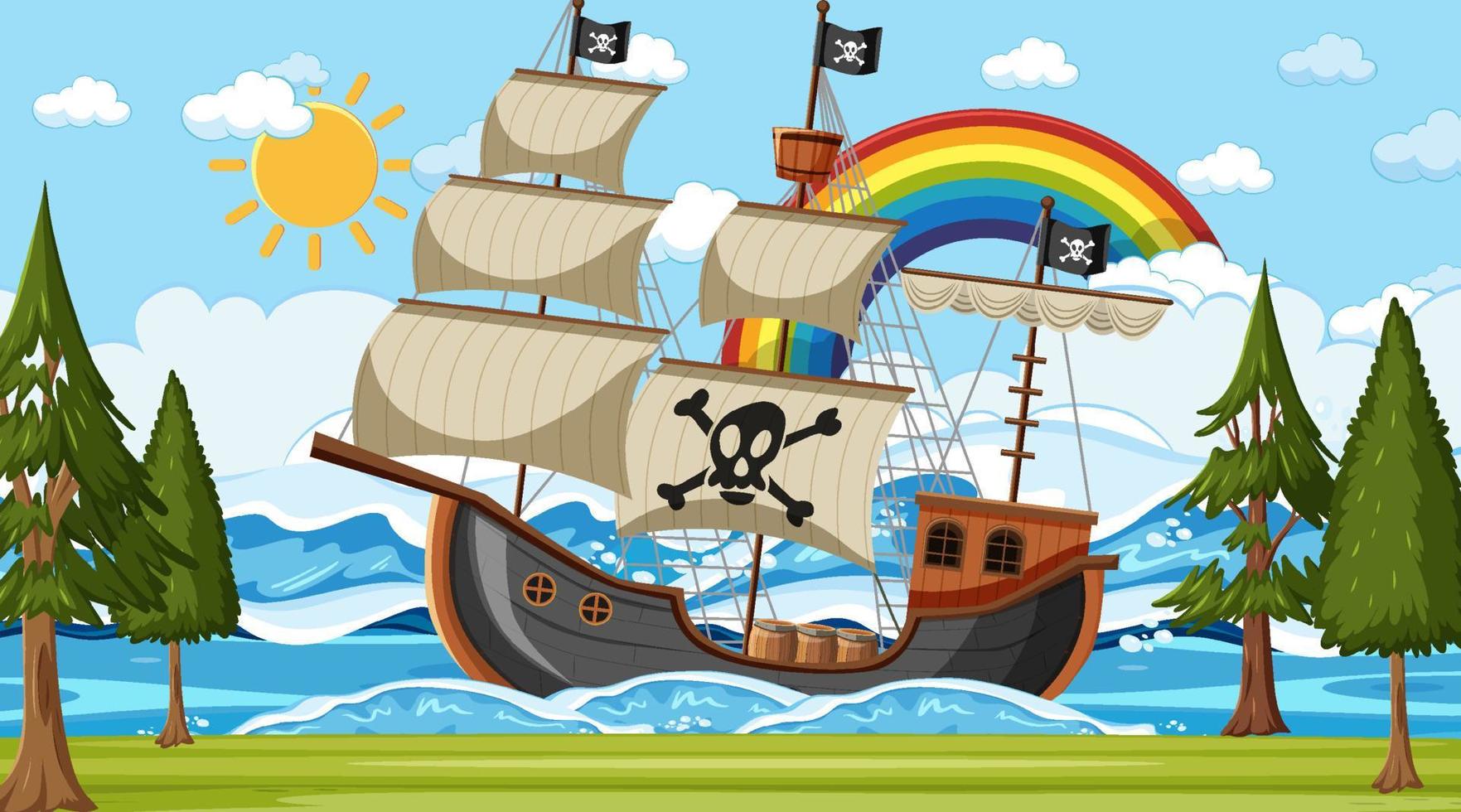 Ocean with Pirate ship at day time scene in cartoon style vector