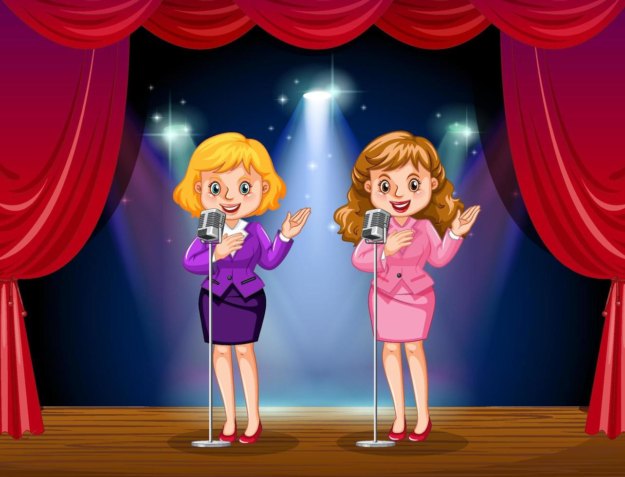 Female speakers with microphone on stage vector