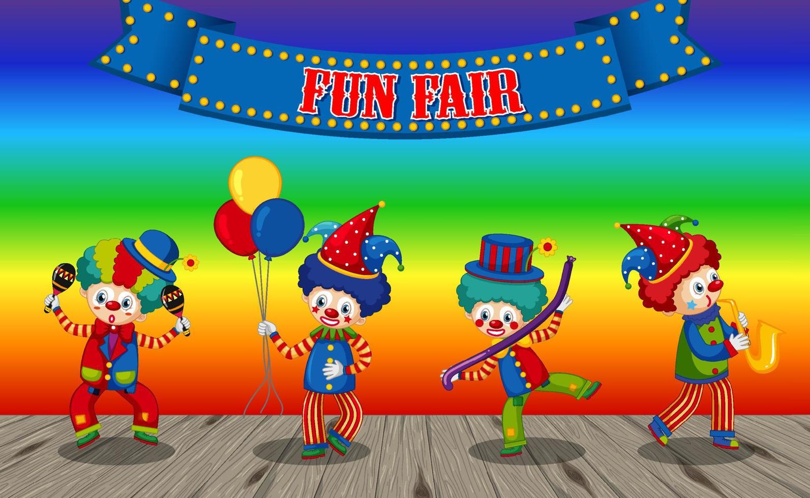 Funny clowns cartoon character on rainbow gradient background vector