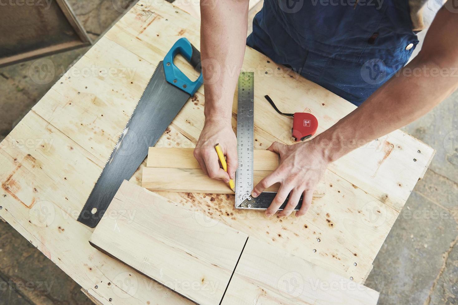 Joiner's workshop, a close-up of hands with tools. photo