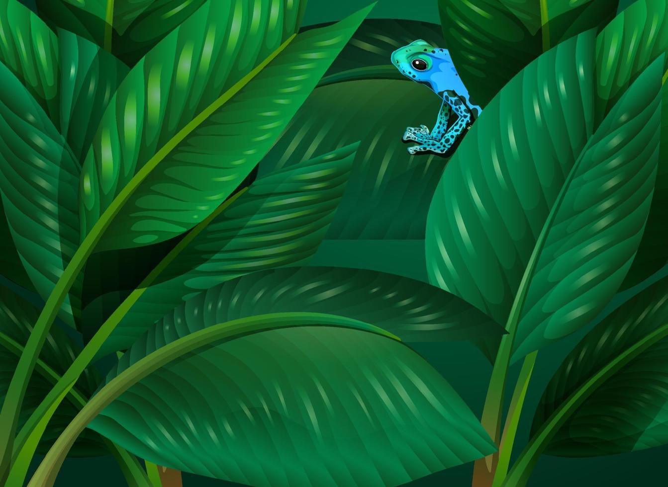 rana azul escondida en el fondo de hojas tropicales vector