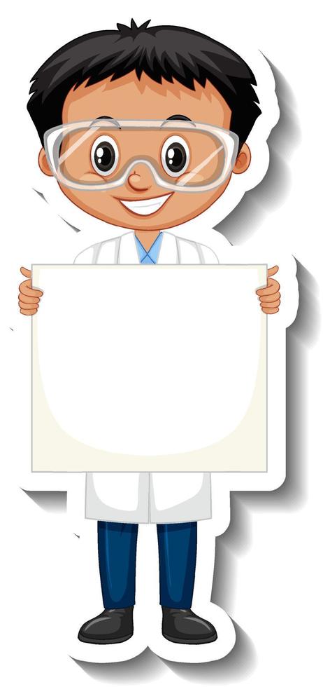 Scientist boy holding empty board cartoon character sticker vector