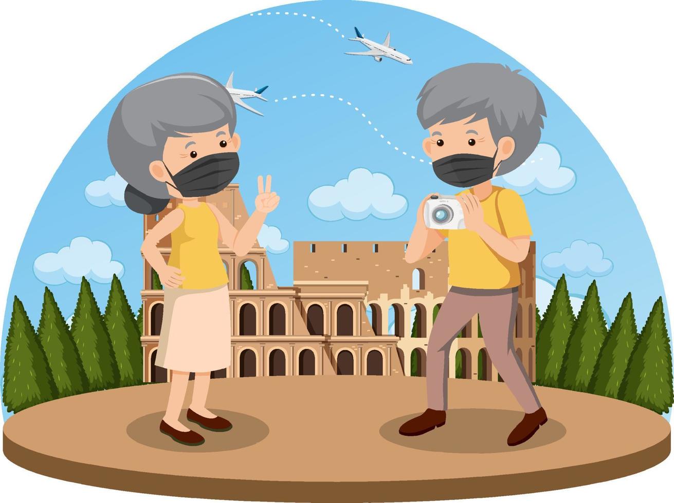 Old couple travelling in Rome during covid-19 pandemic vector