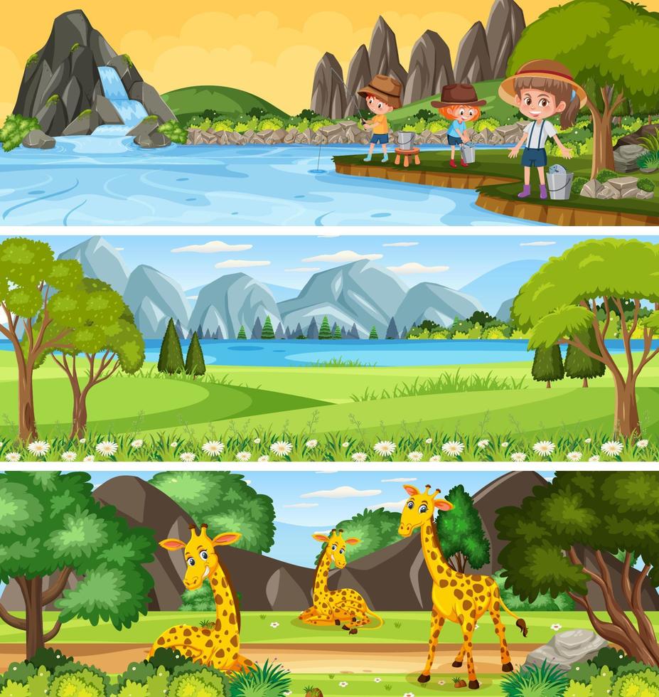 Different panoramic nature landscape set with cartoon character vector