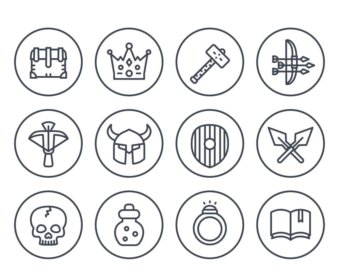 Game line icons on white set 2, armor, crossbow, chest, arrows and bow, potion, crown, war hammer, ring vector