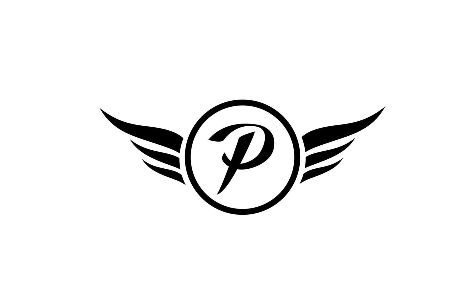 black and white P wing wings alphabet letter logo icon with circle for company design and business vector