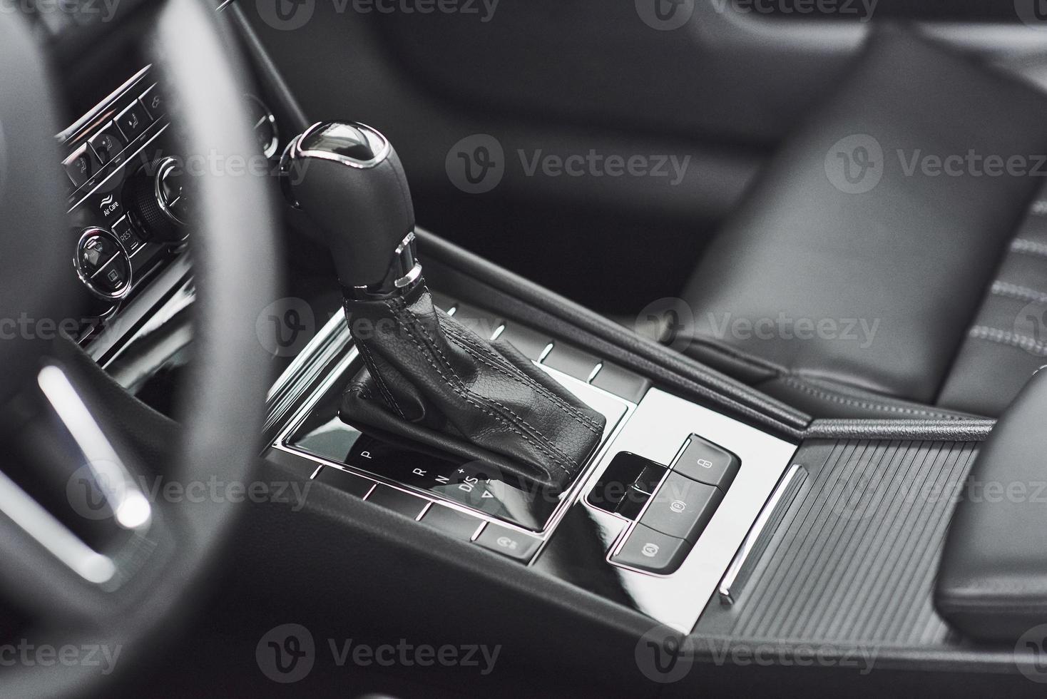 Detail of modern car interior, gear stick, automatic transmission in expensive car. photo
