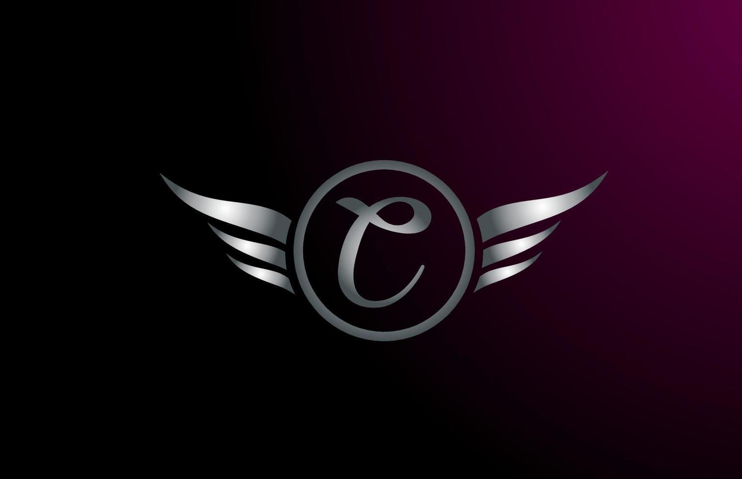 silver grey wings C letter alphabet logo design with metallic icon for business company vector