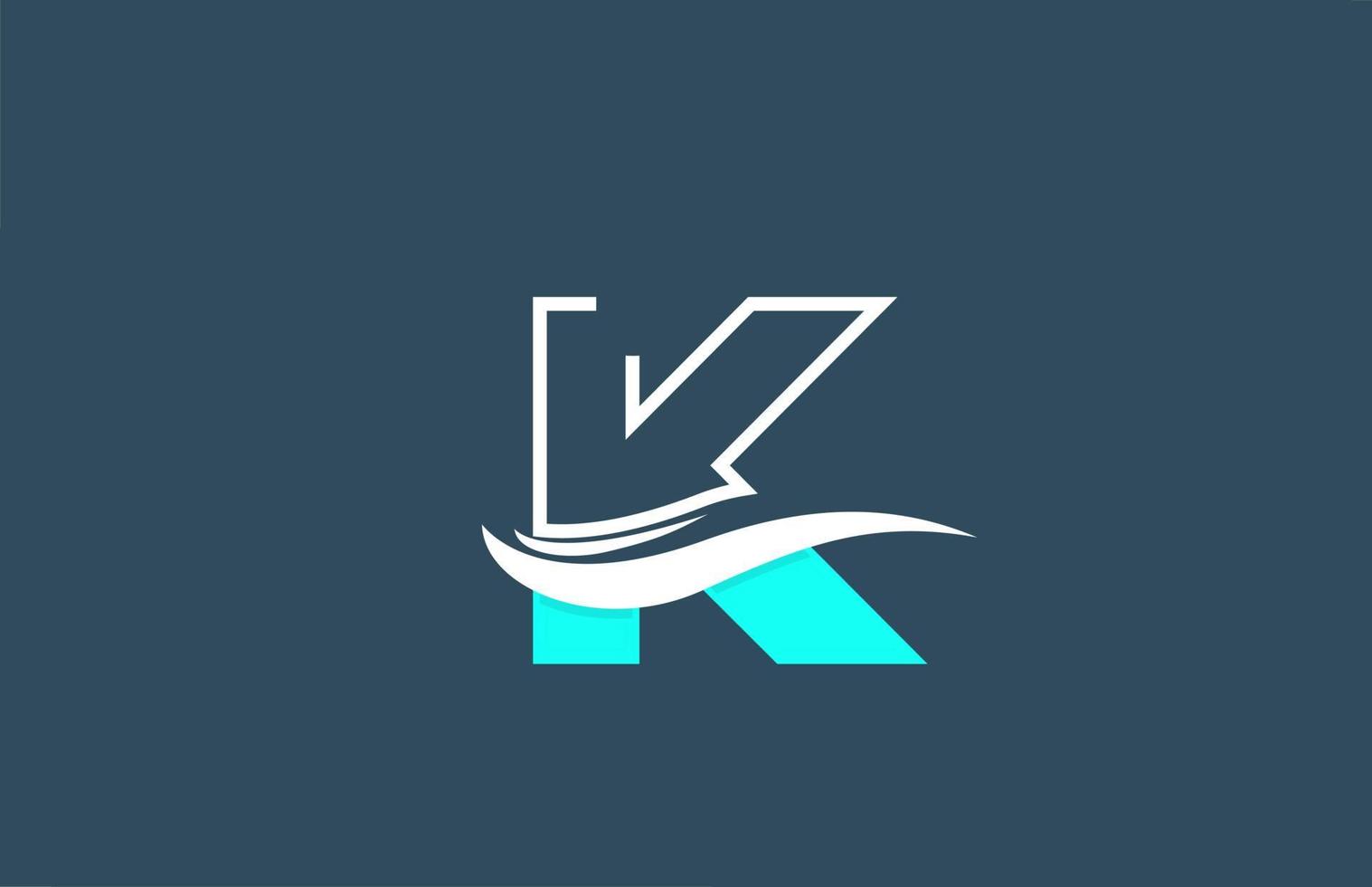 K, azul, blanco, alfabeto, letra, logotipo, icono, para, empresa, con, swoosh, diseño vector