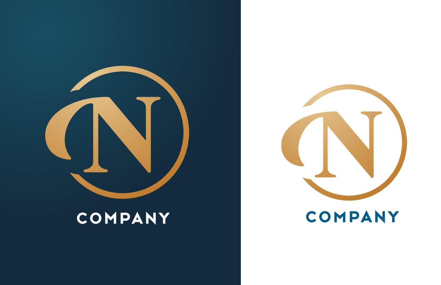 N alphabet letter logo icon in gold and blue color. Simple and creative golden circle design for company and business vector