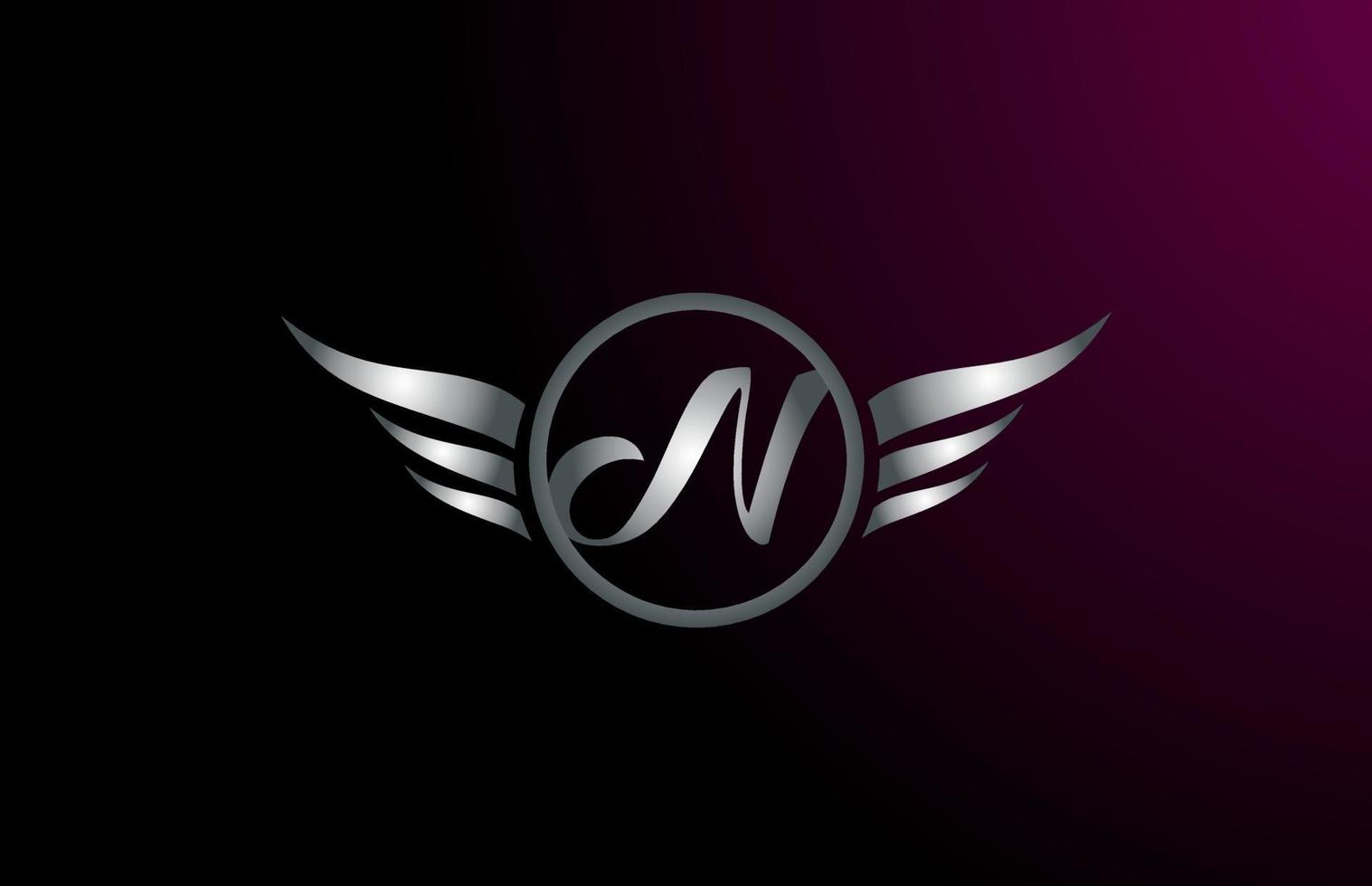 silver grey wings N letter alphabet logo design with metallic icon for business company vector