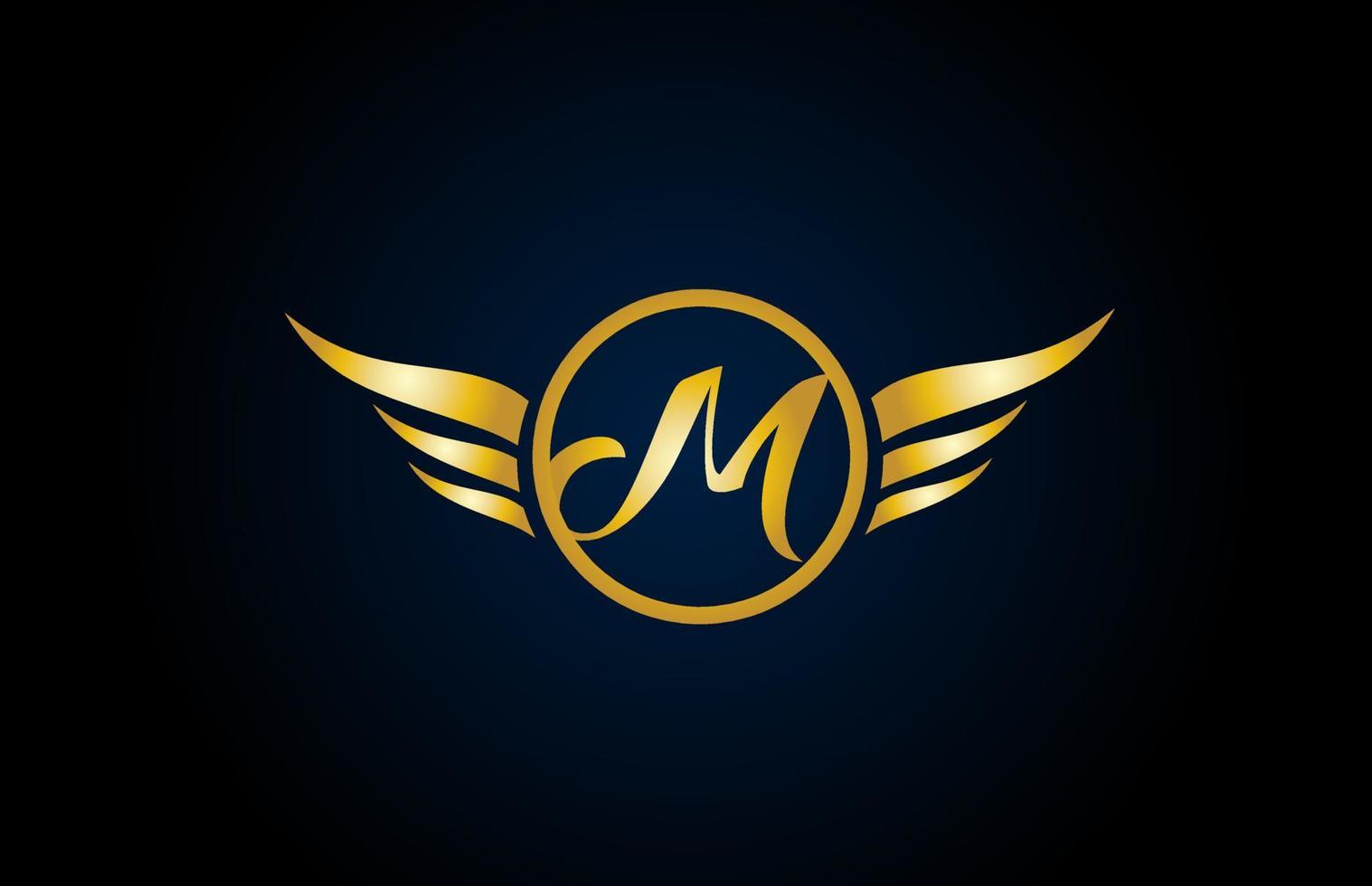 gold golden M wing wings alphabet letter logo icon with classy design for company and business vector