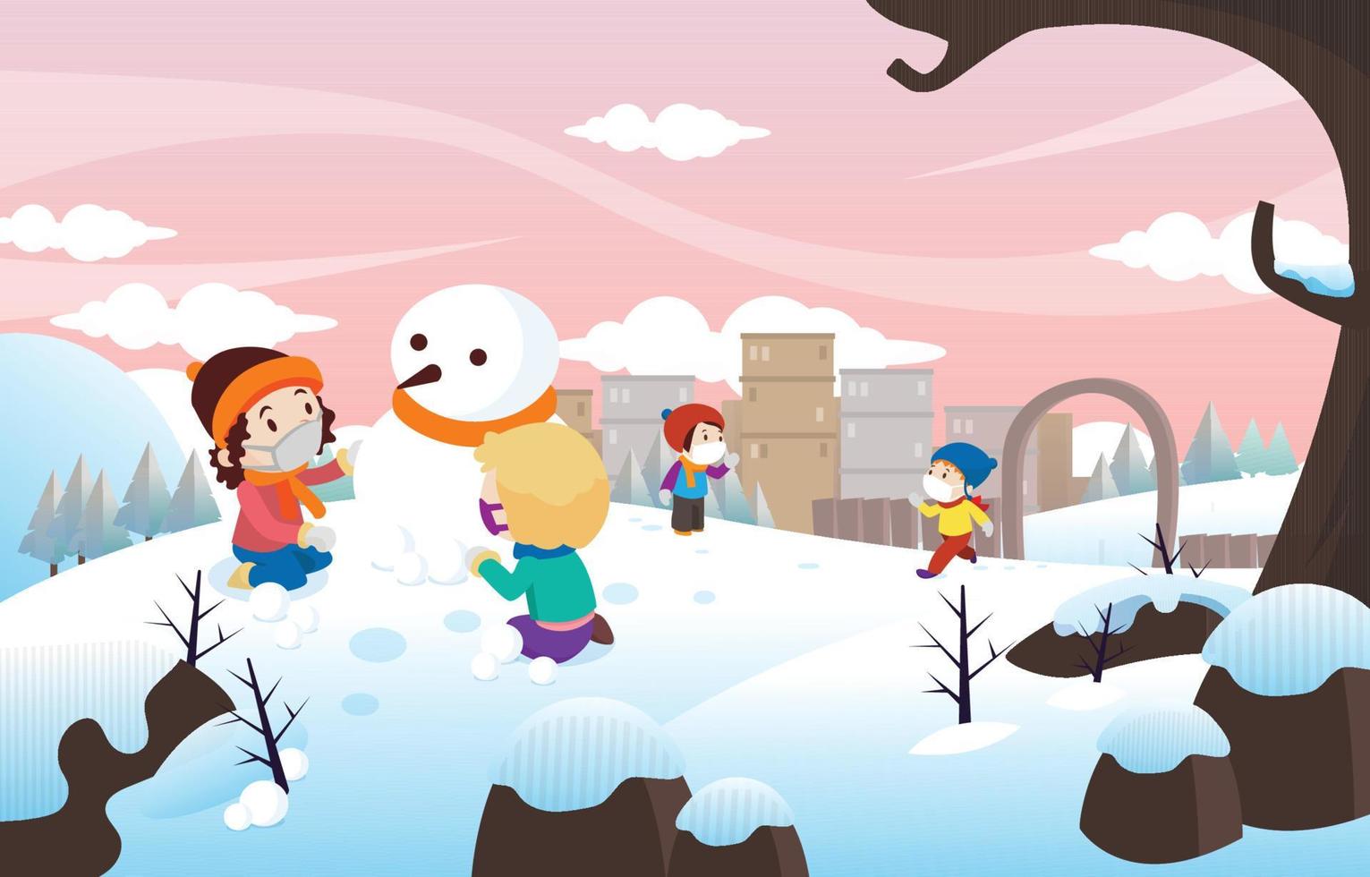 niños jugando en la nieve vector