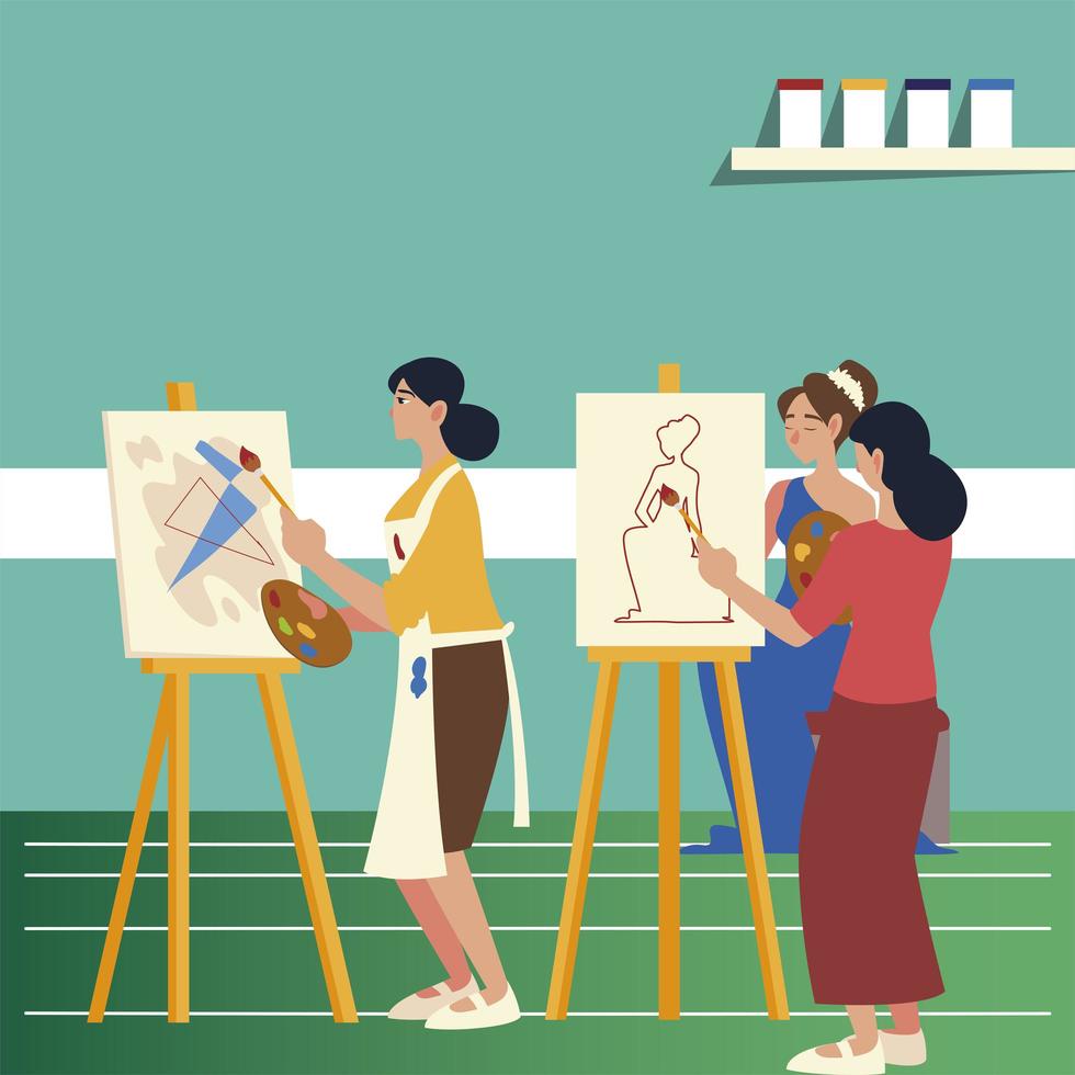 Arte de la clase de pintura, mujeres pintando abstracto y modelo femenino en el estudio. vector