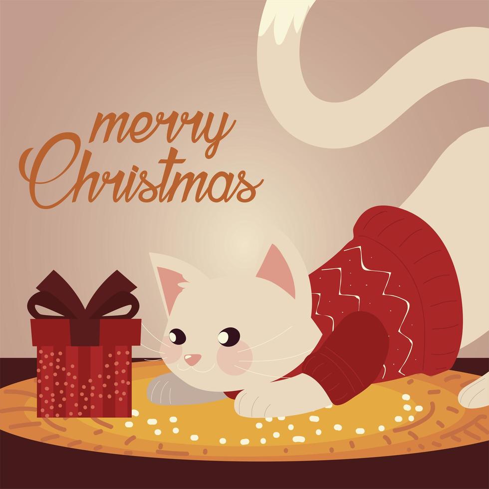 feliz navidad lindo gato con suéter y caja de regalo vector