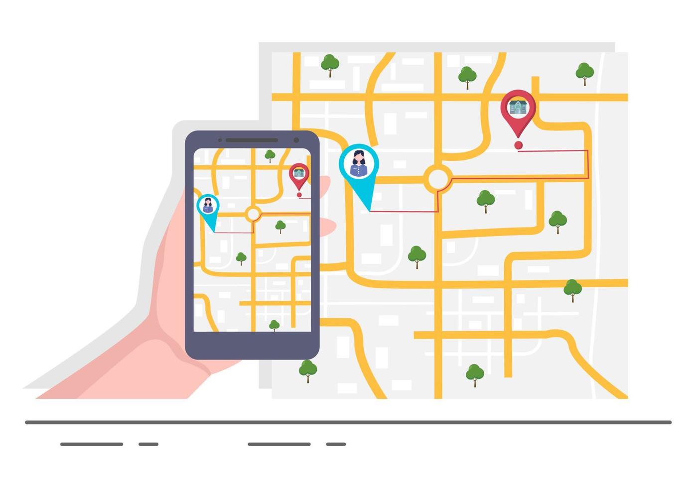 El mapa de navegación GPS y la brújula en la aplicación de búsqueda de ubicación muestran la posición o ruta a la que se dirige. ilustración vectorial de fondo vector