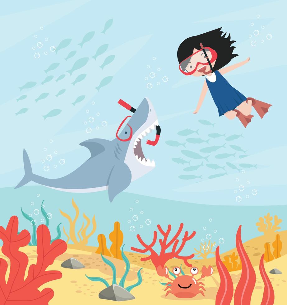 Cute flat Shark open mouth with girl diving equipment background vector