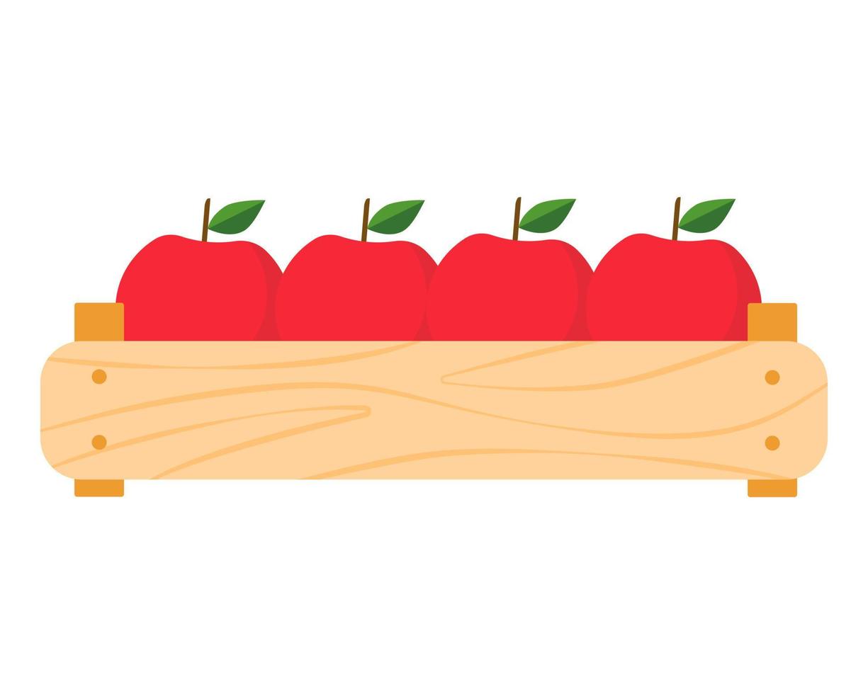 Manzanas rojas maduras en una ilustración de vector de caja de madera