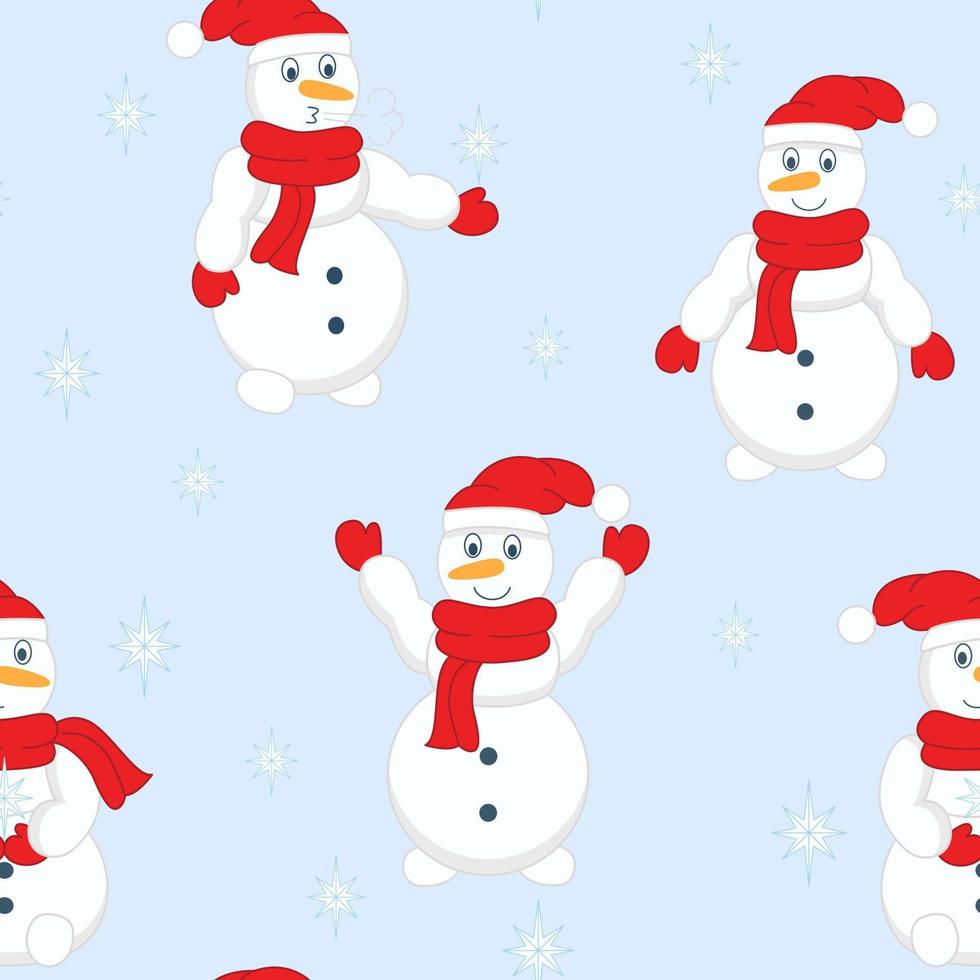 Snowmen in hats and scarves seamless pattern vector