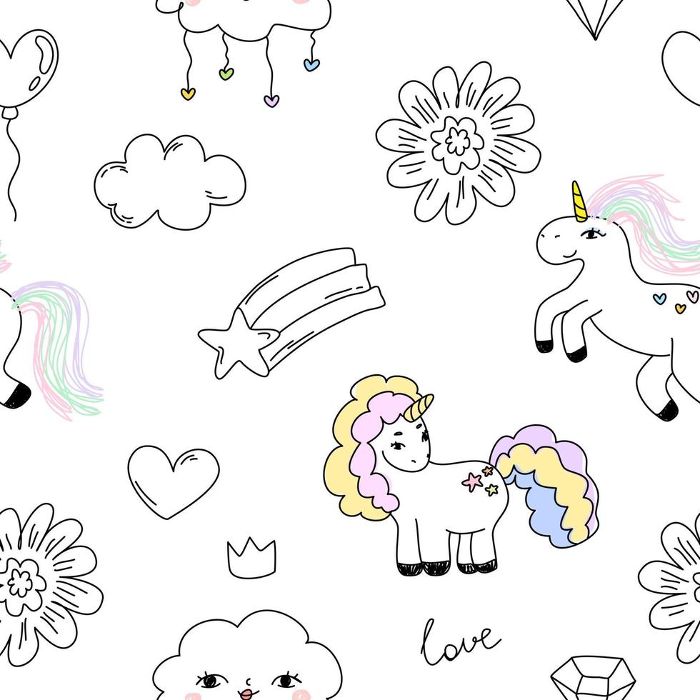 Cute little unicorns with hearts clouds flowers stars diamond. White pastel pattern and paper for scrapbooking doodle. vector