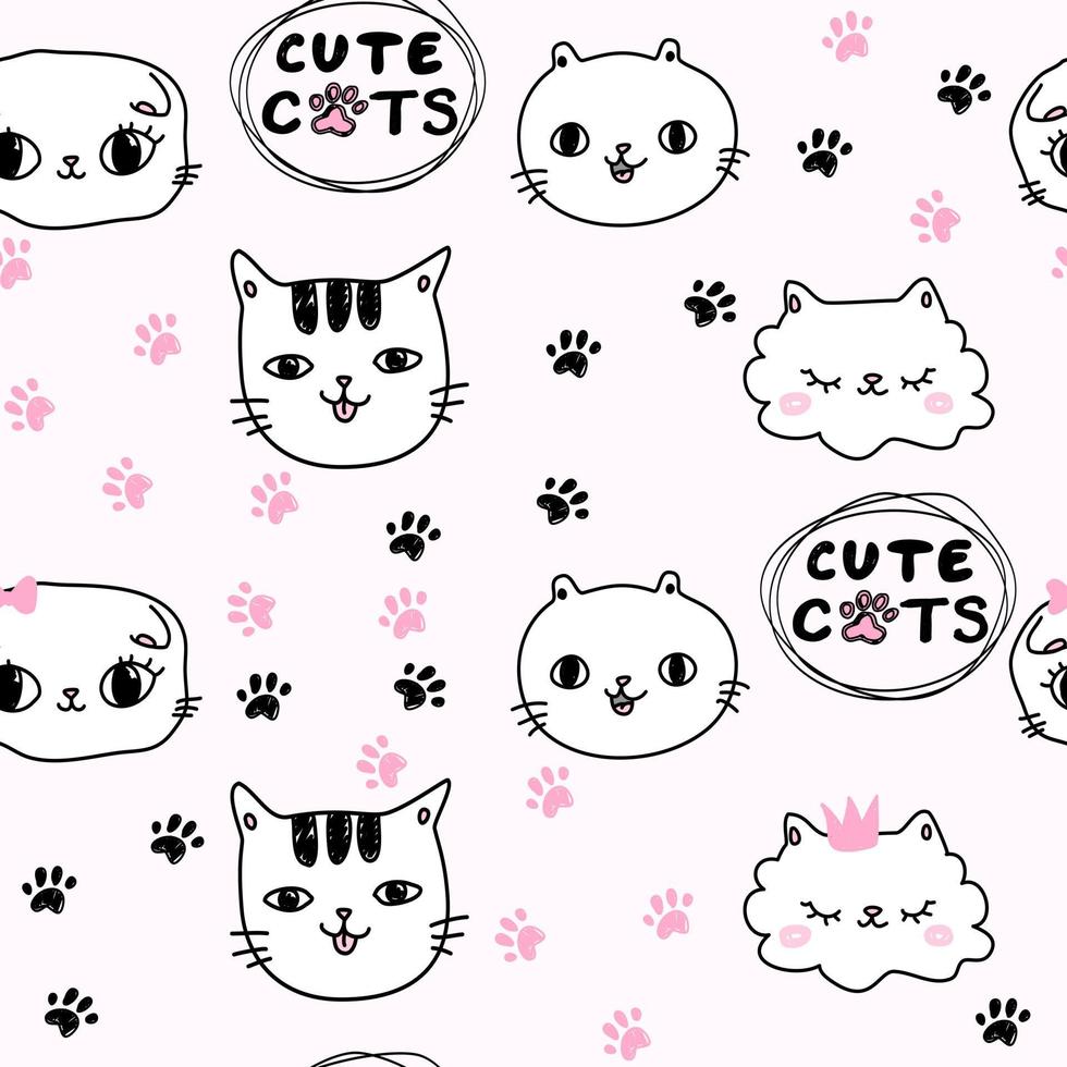 Cute pink pattern with paws and cats text. Pets seamless background. Textiles for children Digital paper scrapbook. vector