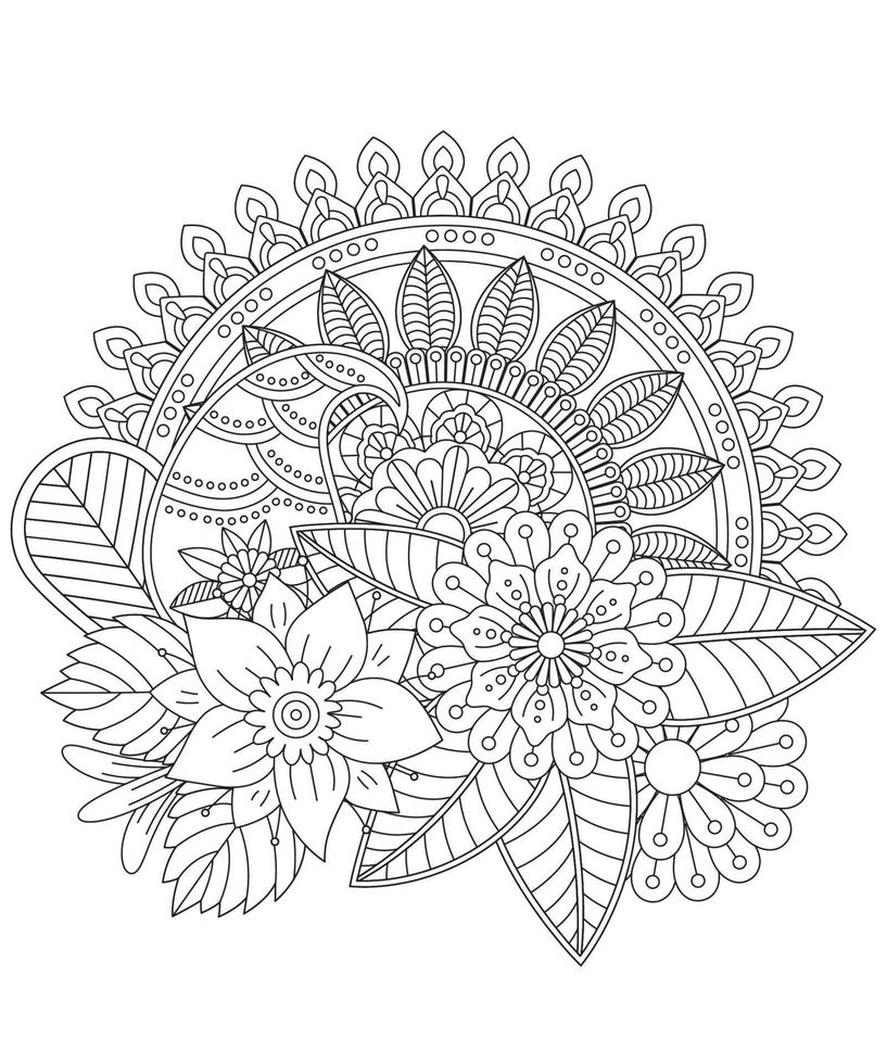 Outline flower pattern in mehndi style. Doodle ornament in black and white. Adult coloring page with floral style. vector