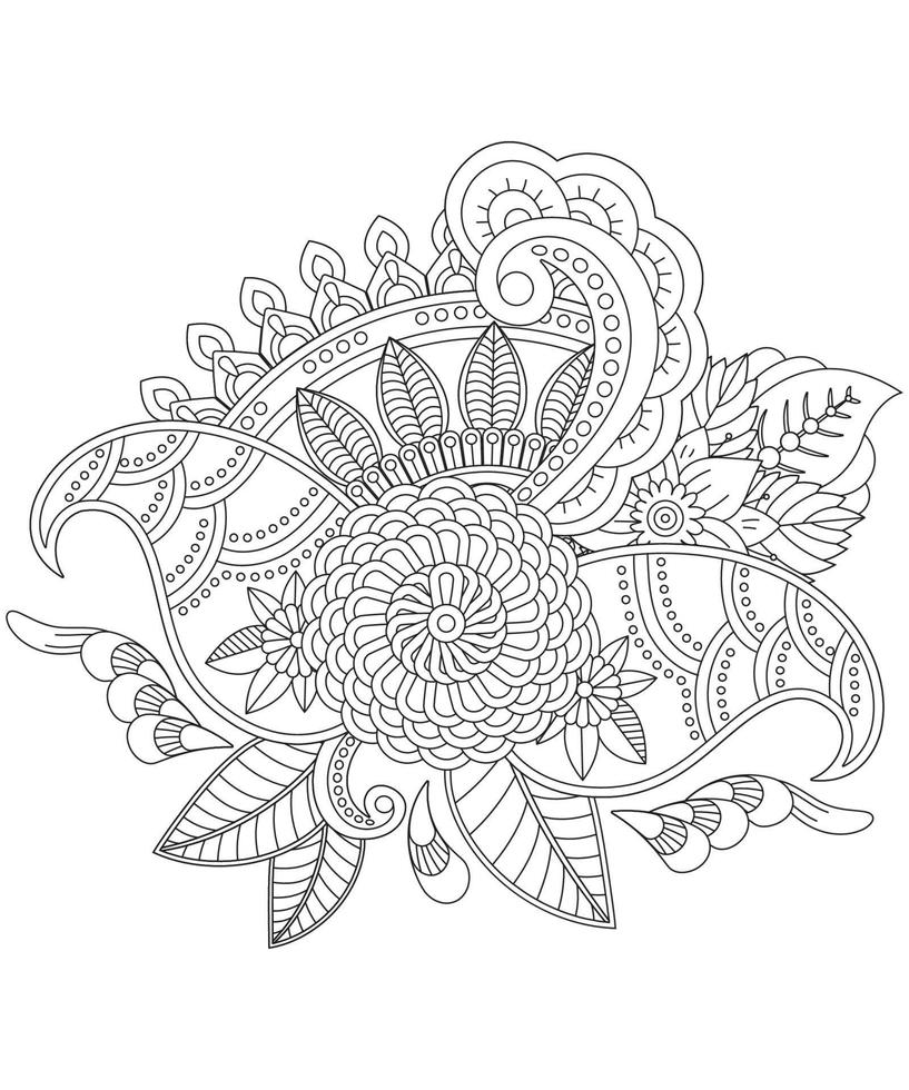 Adult coloring page with floral style. Outline flower pattern in mehndi style. Doodle ornament in black and white. vector