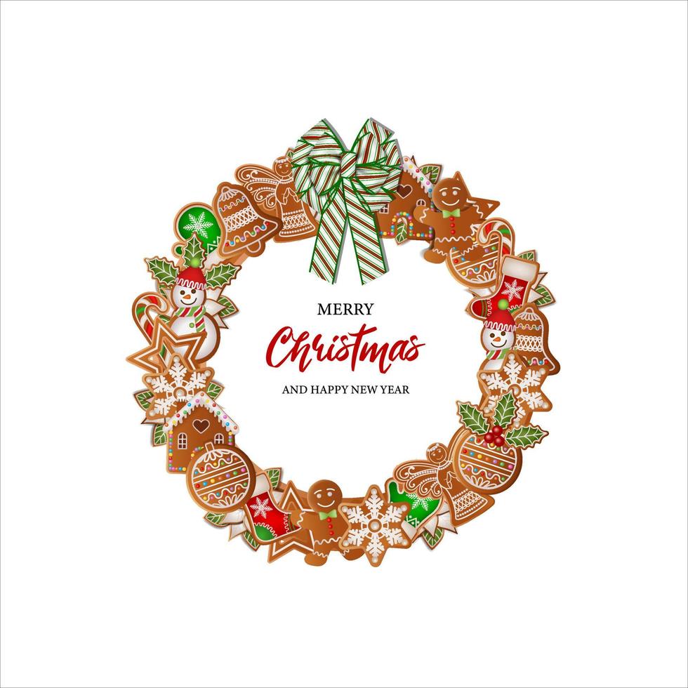 christmas background with round gingerbreads frame. christmas wreath with cookies and bow vector