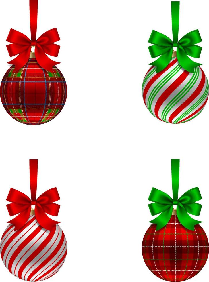 set of isolated christmas balls with bows. christmas balls with tartan and candy cane textures vector