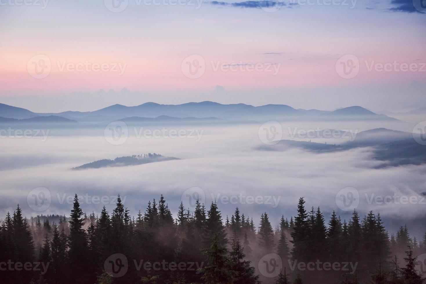 Amanecer de color en la ladera de la montaña boscosa con niebla foto