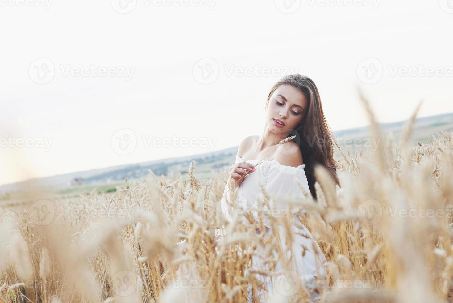 Beautiful girl in a field of wheat in a white dress, a perfect picture in the style lifestyle photo